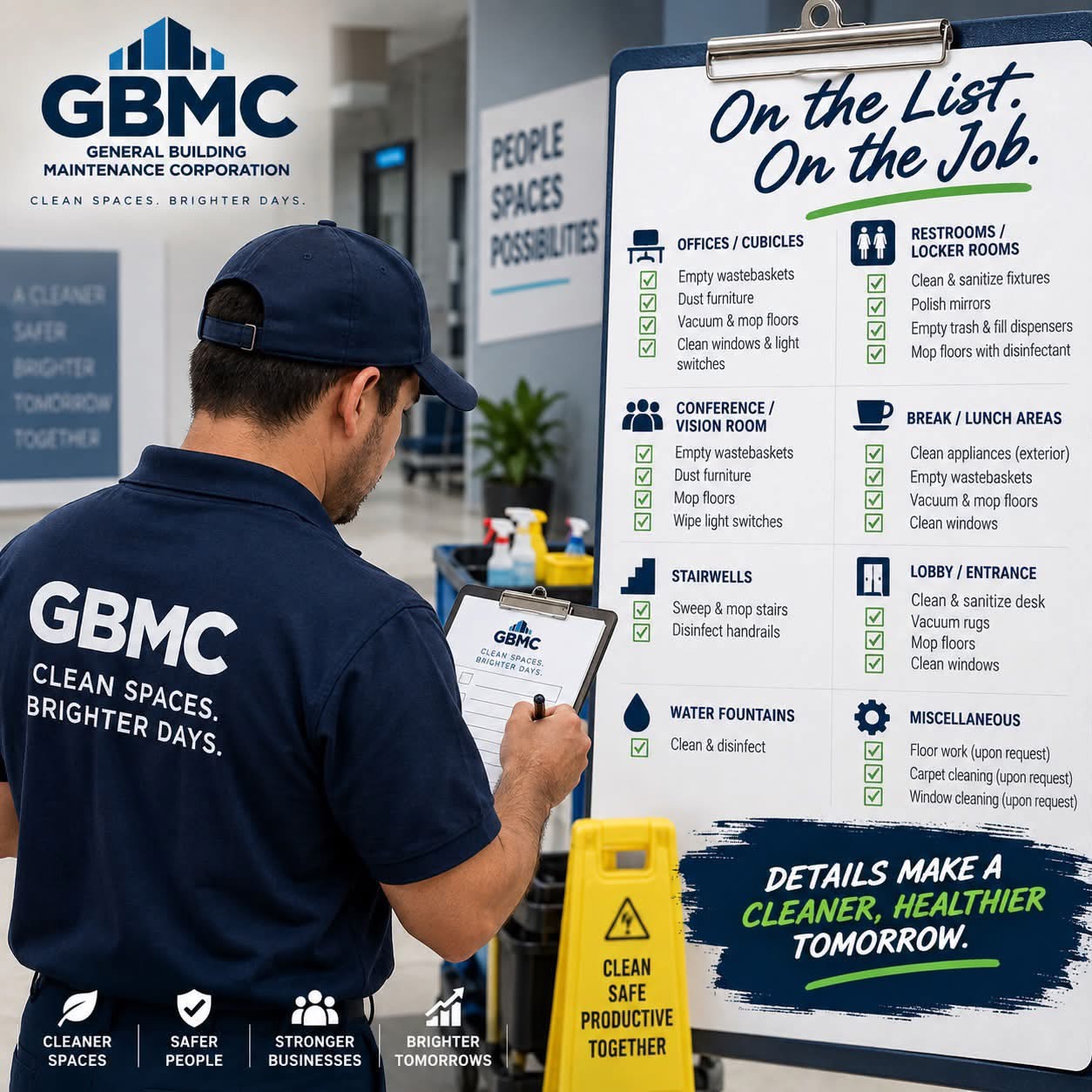 GBMC-created checklist graphic showing routine tasks for offices, restrooms, meeting rooms, and entrances