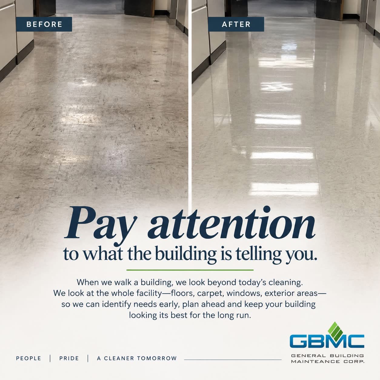 GBMC campaign graphic comparing a worn floor before service with a polished floor after service