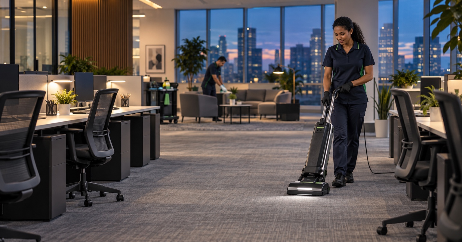 GBMC campaign photo showing a uniformed cleaner vacuuming a modern commercial office after hours