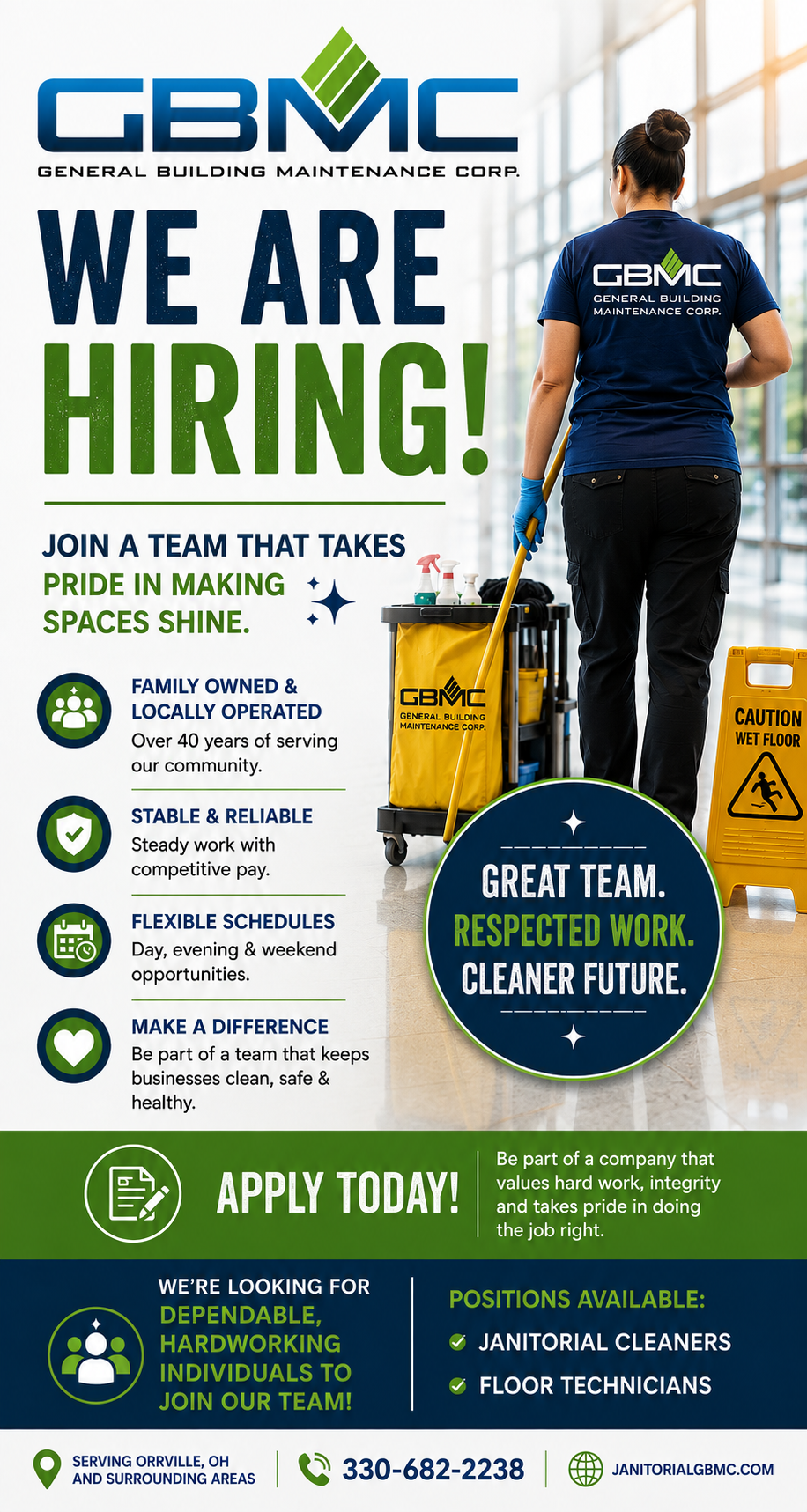 GBMC-created hiring poster seeking janitorial cleaners and floor technicians; includes the Orrville office phone number