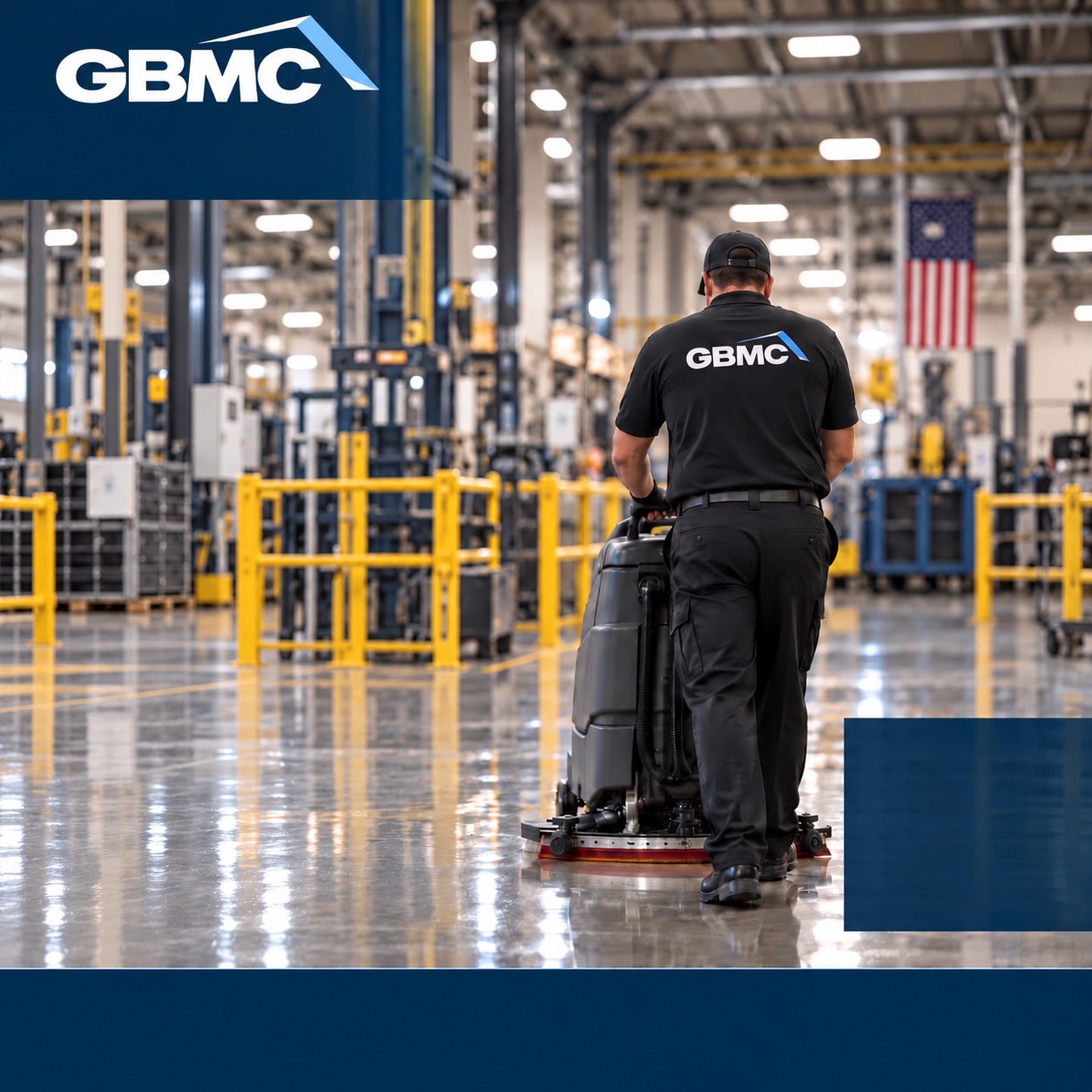 GBMC campaign photo showing a uniformed cleaner using floor equipment in a manufacturing facility