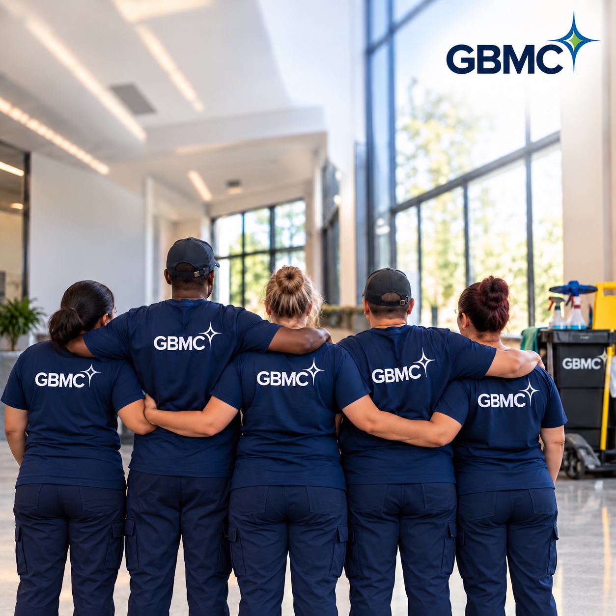 GBMC campaign photo showing five uniformed team members together in a commercial lobby